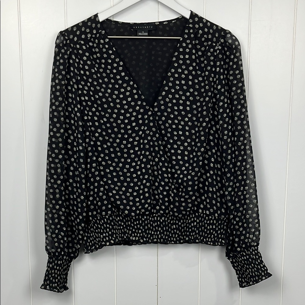 Sanctuary Womens Surplice Top M Black Daisy Print Pullover Smocking Sheer Classy